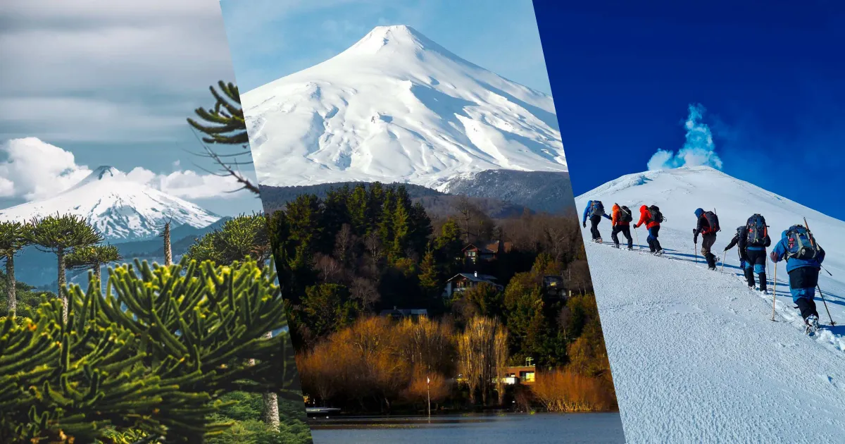 Collage del Volcán Villarrica: ascenso por la nieve con crampones, vista del cráter activo y excursión guiada desde Pucón