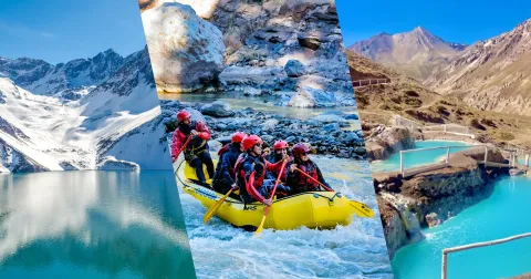 Collage del Cajón del Maipo: rafting en el río Maipo, termas naturales en la montaña y embalse El Yeso con agua turquesa