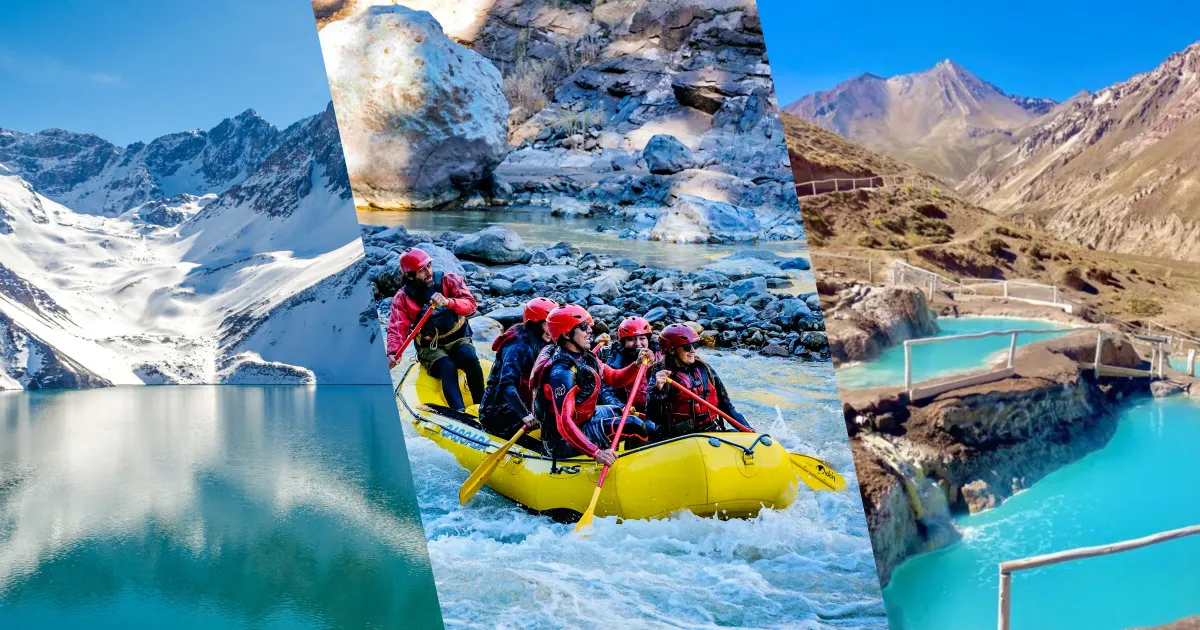 Collage del Cajón del Maipo: rafting en el río Maipo, termas naturales en la montaña y embalse El Yeso con agua turquesa