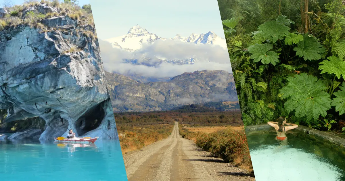 Collage de la Carretera Austral: Capillas de Mármol en el lago General Carrera, fiordos de Puyuhuapi y ruta de ripio entre montañas