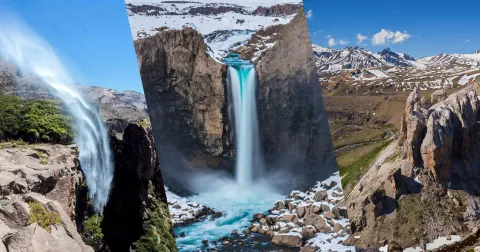 Collage de la Cascada Invertida del Maule: agua que sube impulsada por el viento, arcoíris en el spray y meseta volcánica de la región