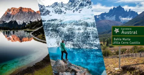 Collage del Cerro Castillo en Aysén: agujas de basalto negro, laguna glaciar turquesa y trekking por la Carretera Austral