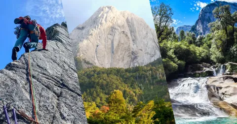Collage de Cochamó: escalada en paredes de granito del valle, toboganes naturales en el río y bosque valdiviano exuberante
