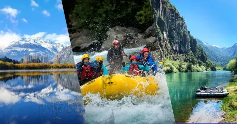 Collage del río Futaleufú: rafting en rápidos clase V, kayak entre las rocas y cañón del río en la Patagonia norte