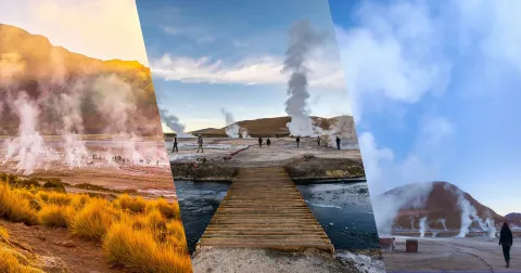 Collage de los Géiseres del Tatio: columnas de vapor al amanecer, campo geotérmico a 4.500 metros y altiplano andino