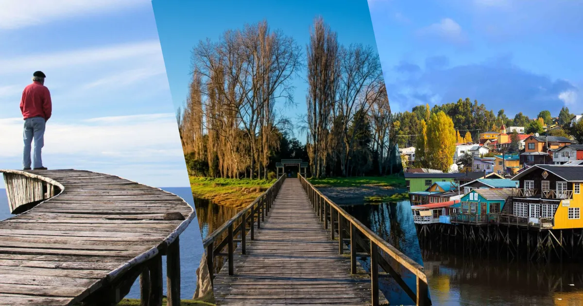 Collage de Chiloé: palafitos de colores en Castro sobre el fiordo, iglesia patrimonial de madera y paisaje lluvioso de la isla