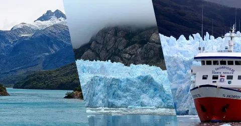 Collage de la Laguna San Rafael: glaciar San Rafael con su frente de hielo, navegación entre témpanos y fiordos de la Patagonia chilena