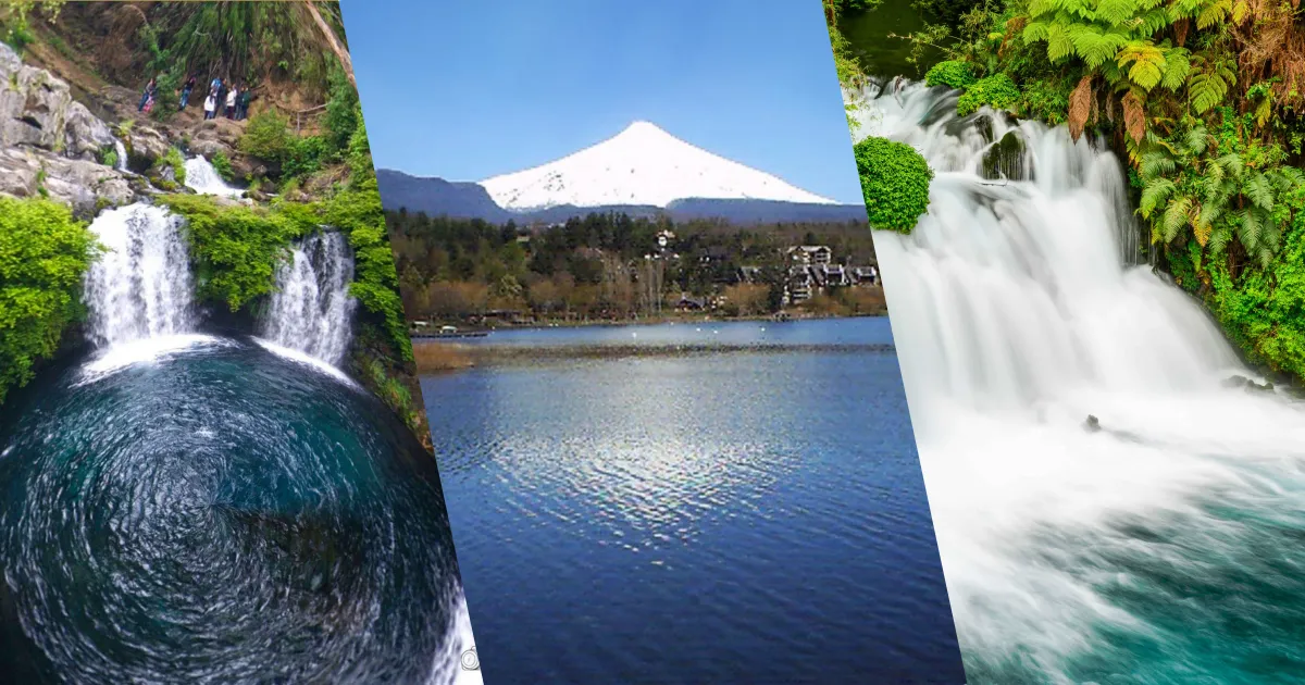 Collage de los Ojos del Caburgua: pozones de agua azul eléctrico, cascadas cristalinas y lago Caburgua al fondo