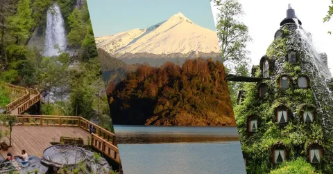 Collage de Panguipulli: Termas El Rincón con su salto de agua, volcán Mocho-Choshuenco reflejado en el lago y la Montaña Mágica de Huilo Huilo entre la selva valdiviana