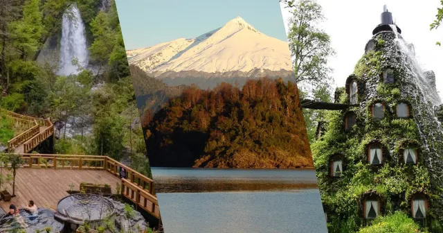 Collage de Panguipulli: Termas El Rincón con su salto de agua, volcán Mocho-Choshuenco reflejado en el lago y la Montaña Mágica de Huilo Huilo entre la selva valdiviana