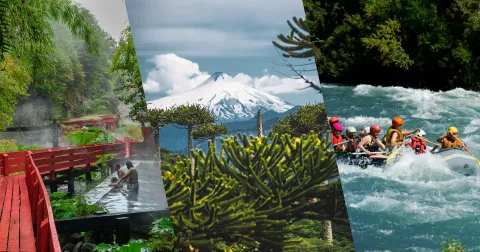 Collage de Pucón: volcán Villarrica nevado entre araucarias, rafting en los rápidos del río Trancura y pozones de las Termas Geométricas rodeados de bosque nativo