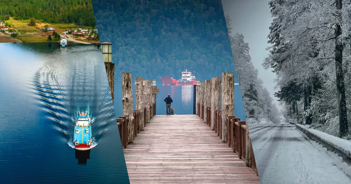 Collage de Puerto Fuy: barcaza cruzando el lago Pirihueico, caserío lacustre en la selva valdiviana y bosque nativo de Los Ríos