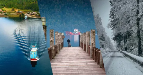 Collage de Puerto Fuy: barcaza cruzando el lago Pirihueico, caserío lacustre en la selva valdiviana y bosque nativo de Los Ríos
