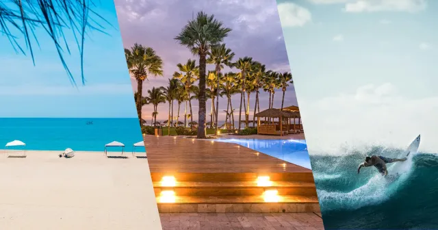 Collage de Punta Sal en Perú: playa de arena blanca con aguas cálidas, costa tropical del norte y surf en Tumbes