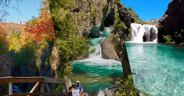 Collage de Radal Siete Tazas: pozones en el río Claro, El Bolsón con cascada encañonada y bosque nativo del Maule
