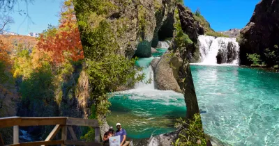 Collage de Radal Siete Tazas: pozones en el río Claro, El Bolsón con cascada encañonada y bosque nativo del Maule