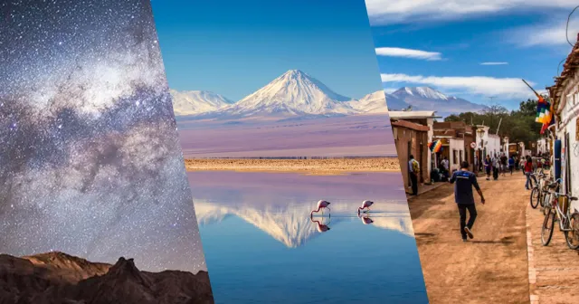 Collage de San Pedro de Atacama: pueblo del desierto con iglesia colonial, salar de Atacama con flamencos y volcanes del altiplano