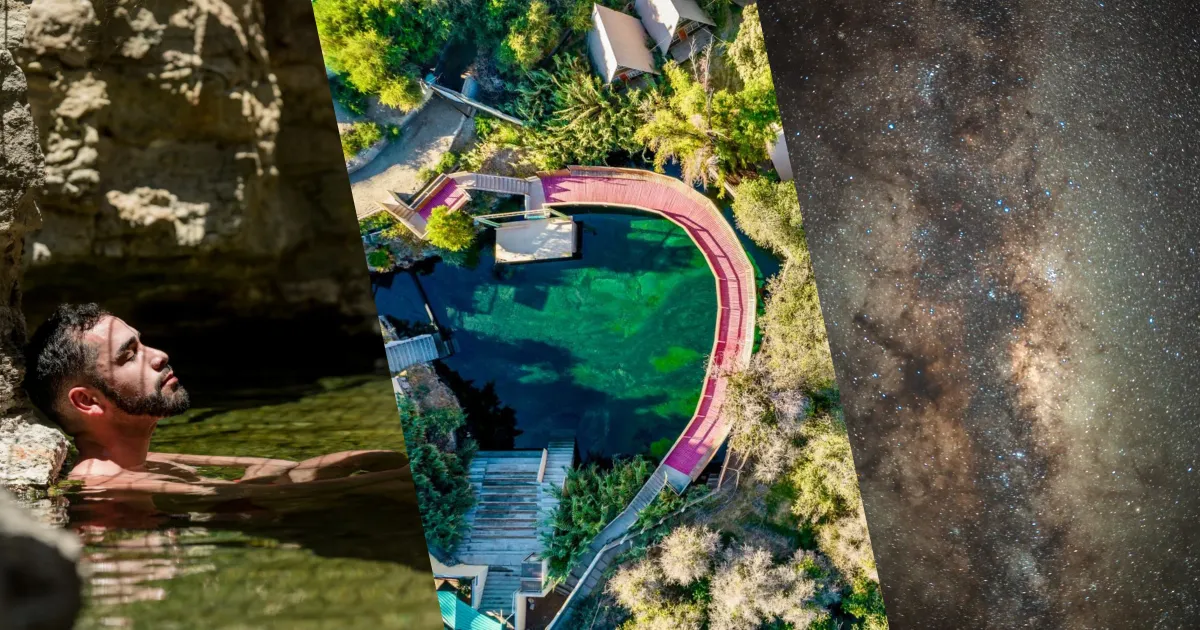 Collage de las Termas de Pica: piscina natural de aguas termales en el desierto, oasis de vegetación y pueblo de Pica en Tarapacá