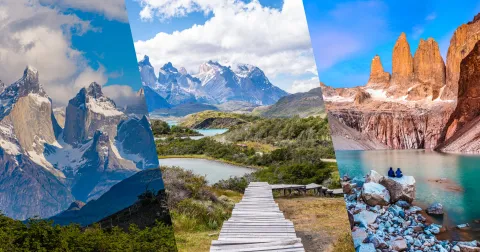 Collage del W Trek en Torres del Paine: Mirador Base Torres al amanecer, Valle del Francés y Glaciar Grey en la Patagonia