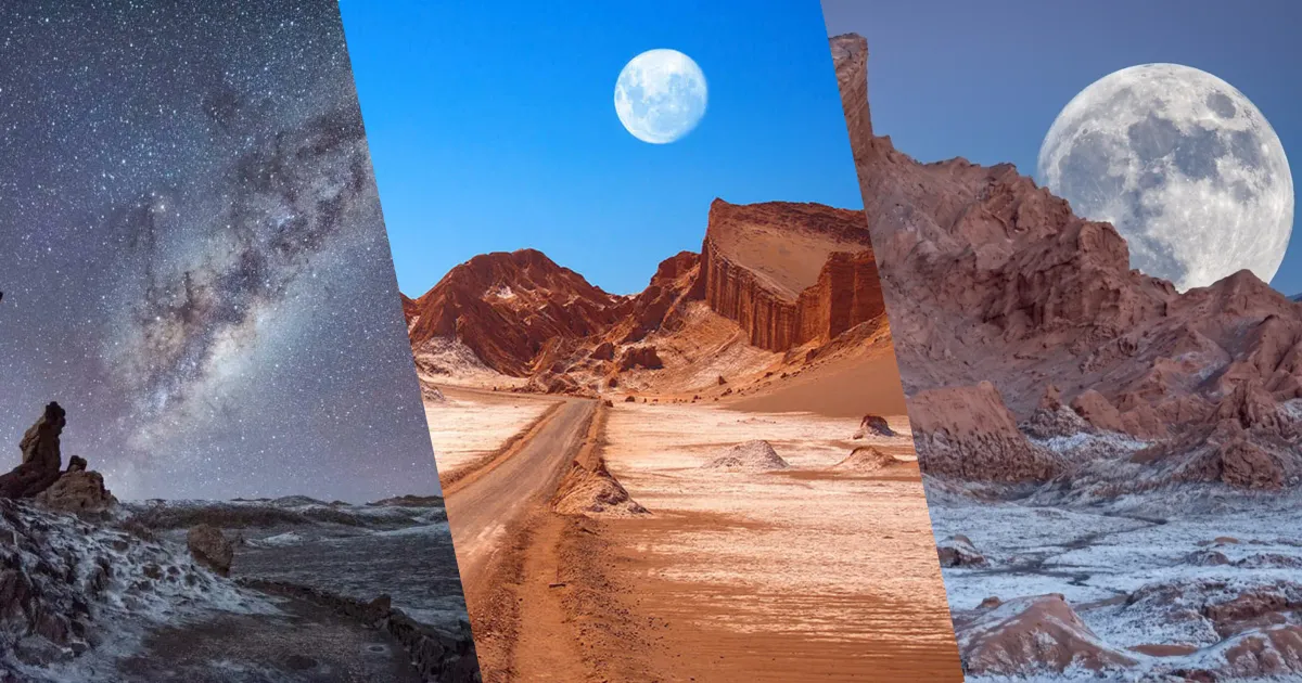 Collage del Valle de la Luna en Atacama: formaciones de sal y arcilla, dunas del desierto y atardecer sobre las montañas